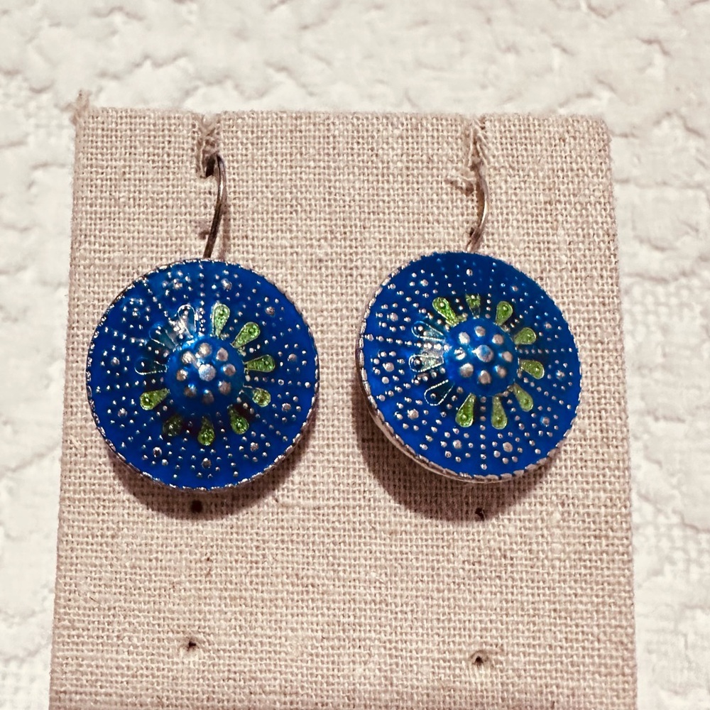 Vintage | Earrings | Turkish Silver Enamel in Blue & Green Earrings - Picture 3 of 9